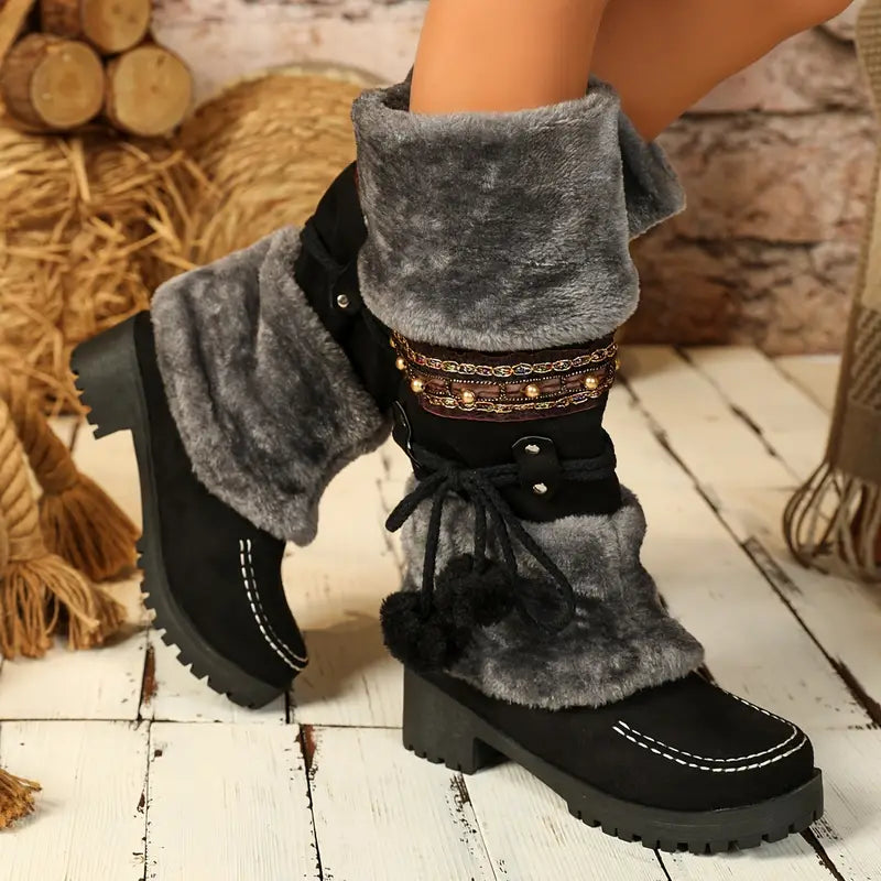 Elise | Warme Retro-Schneestiefel mit stylischer Fleece-Pompon-Verzierung