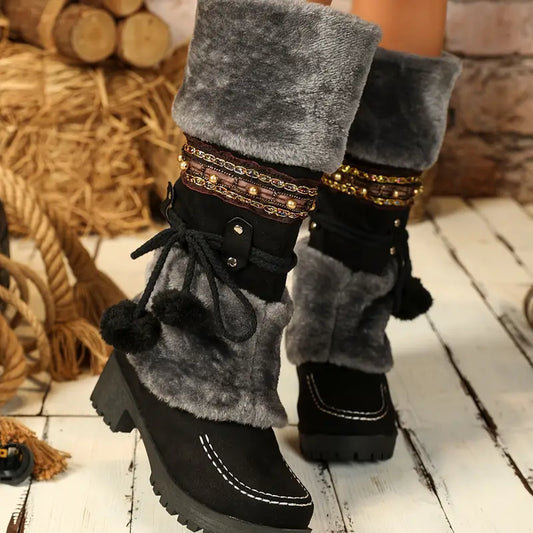 Elise | Warme Retro-Schneestiefel mit stylischer Fleece-Pompon-Verzierung