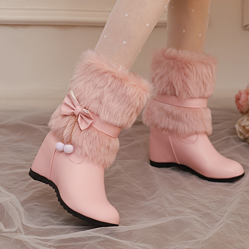 Anne – Preppy Damen-Winterstiefel, zum Hineinschlüpfen, warmes Futter, Schleifen- und Pompom-Details