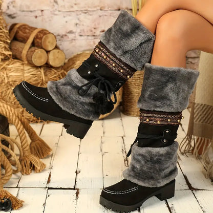 Elise | Warme Retro-Schneestiefel mit stylischer Fleece-Pompon-Verzierung