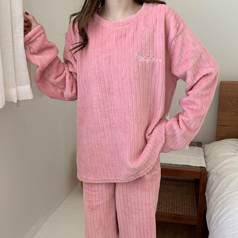 Comfortabele Koraal Fleece Pyjama Set | Warme 2-delige Loungewear