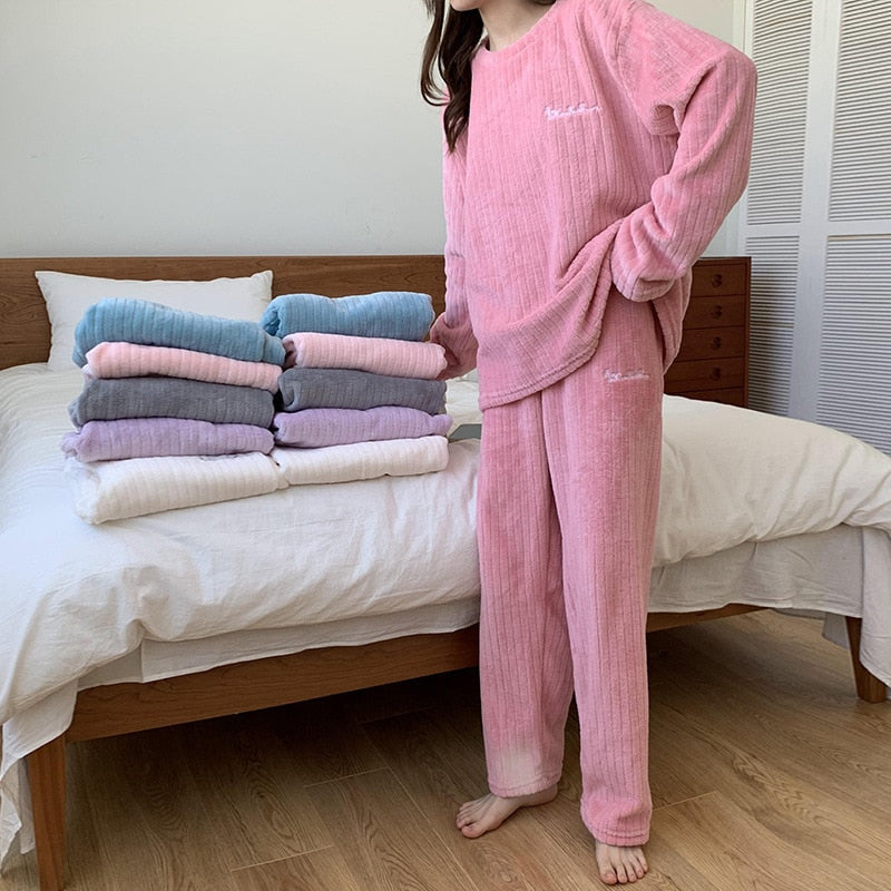 Comfortabele Koraal Fleece Pyjama Set | Warme 2-delige Loungewear