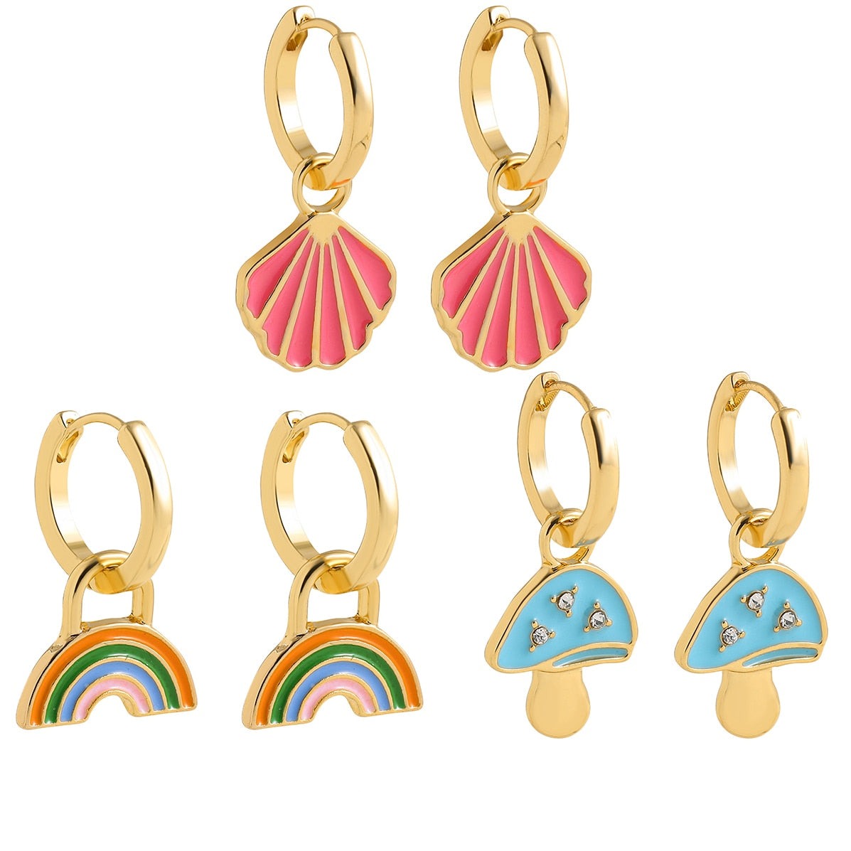 Ohrringe-Set 3-teilig | Goldfarben | Regenbogen, Muschel und Pilz