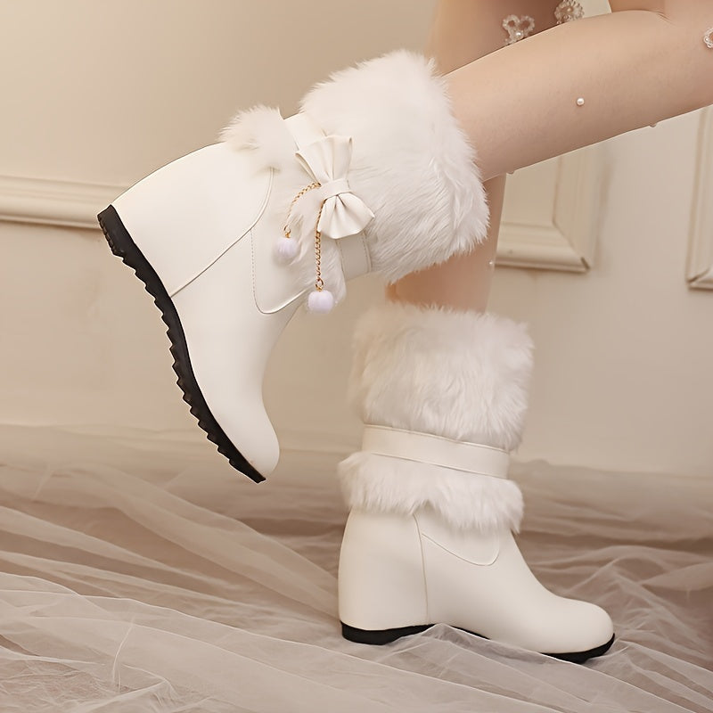 Anne – Preppy Damen-Winterstiefel, zum Hineinschlüpfen, warmes Futter, Schleifen- und Pompom-Details