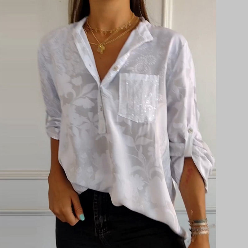 Floré-Shirt | Elegante bedruckte Bluse mit Vordertasche